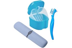 CHUANGOU Denture Care Set, Denture Box, Denture Brushes Denture Baths with Vents, Denture Brush on Both Sides with a Storage Box for Toothbrushes for Denture Cleaning (Blue)