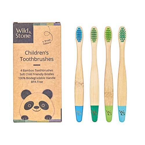 Brosse à dents en bambou pour enfants organique | Quatre Couleurs Aqua | Doux fibre Soies | Poignée 100% biodégradable | Végétalien Eco Friendly Brosses à dents pour enfants de Wild & Stone