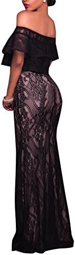 Synker Women's Off Shoulder Ruffle Floral Lace Evening Formal Bodycon Maxi Dress
