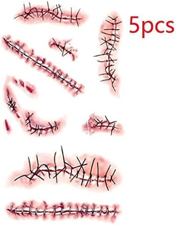 Scar Tattoo, Finer Shop Temporary Fake Wound Stitch Scar Tattoo Sticker Costume Makeup Tattoo for Halloween Prank - 5Pcs