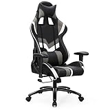 SONGMICS Fauteuil Gamer, Chaise Gaming, Fauteuil de Bureau à Dossier Haut, Rembourrage en Mousse indemnisable, avec Appui-tête et Support Lombaire, pour Maison et Bureau, Gris, Blanc Et Noir RCG27BW