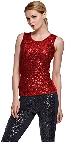 Lotus Instyle Womens Sleeveless Shimmer Glam Front Sequins Party Vest Tank Tops (S, Red)