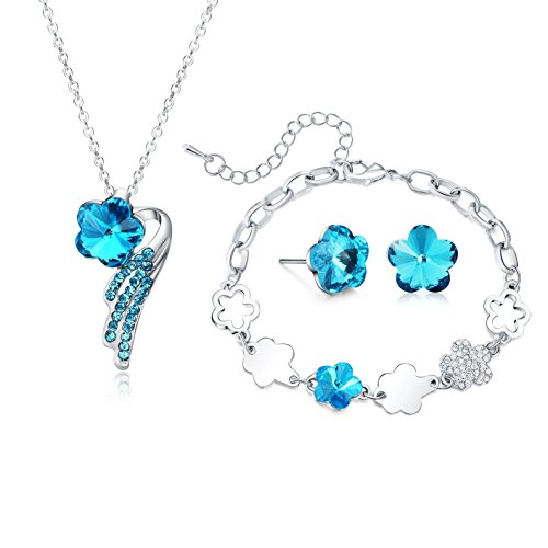 Majesto Juego de Joyas - Conjunto Colgante de Collar y Pendientes y Pulsera Flor Azul Cristal para Mujer Adolescente niña pequeña mamá - Accesorio de joyería de Regalo Premium 18ct Chapado en Oro