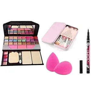Womens & Girls MANYA Fashion Girl TYA 6155 Multicolour MakeupKit and 7 Pink LightWeight Makeup Brushes Set, 2 Makeup Sponge Beauty Blenders with 1 36H Waterproof YANQINA Liquid Eyeliner - (Pack of 11)