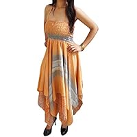 Mogul Interior Womens Sundress Orange Recycled Sari Handkerchief Hem Two Layer Resort Halter Dress S/M