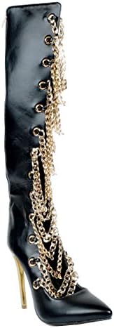 Kolnoo Womens Fashion Handmade 11cm High Heel Chains Knee Boots Pointed-toe Hocky Sexy Shoes Black EU37