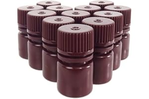 LABBOX KENZIUM - Pack of 12x Narrow Neck HDPE Bottles, for light sensitive products, 8 ml | Amber wide mouth Laboratory Vials +black screw cap, High Density Polyethylene |Solid and Liquid Sample Storage