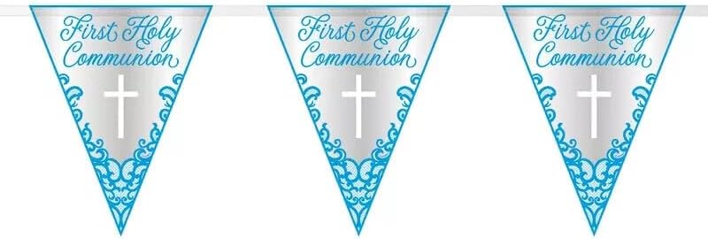 First Holy Confirmation Bunting 9ft (2.7m) Blue Foil Decoration – Religious Party Banner with Cross Design - Flag Garland