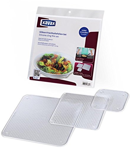 Xavax wiederverwendbare Silikon Frischhaltefolie (extrem dehnbare Silikondeckel, drei verschiedenen Größen für Schüssel, Töpfe oder Gläser, wasser- und luftdicht, 3er-Set) transparent
