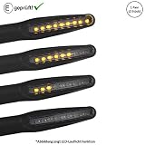 Se vende un par, que consta de 2 intermitentes universales (izquierda + derecha). La versión 1 muestra sólo el efecto de luz continua. Si necesitas intermitentes delanteros y traseros, entonces debes pedir 2 pares. Los intermitentes tienen un certificado E y pueden instalarse legalmente.