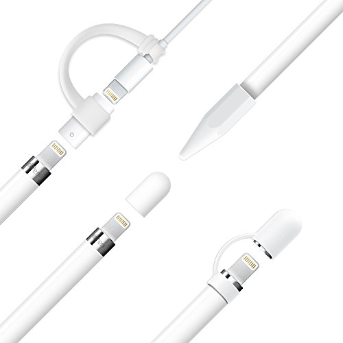 [4-Pack] FRTMA für Apple Pencil Kappe / Apple Pencil Spitze Kappe / Lightning Kabel Adapterhalter / Apple Pencil Kappenhalter für iPad Pro Bleistift, Elfenbein Weiß - 6