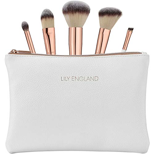 Lily England Kit de Maquillaje - 5 Brochas en Oro Rosa con Estuche. Brocha para Polvos y Colorete, Brocha de Maquillaje, Pincel para Sombras y Pincel en Ángulo para Cejas. El Regalo Ideal