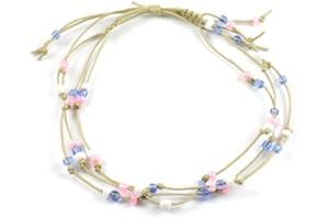 GOWER COAST CRAFTS Handmade 3 String Pink and Blue Bead Surf Anklet on Beige Cord