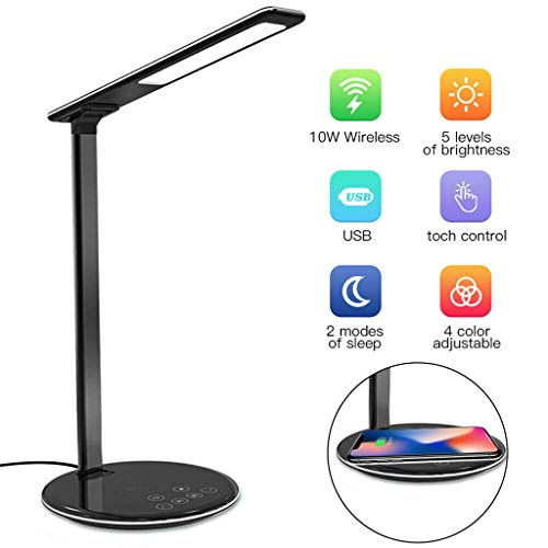 Preisvergleich Produktbild Nourich LED-Schreibtischlampe + Wireless-Ladegerät, [USB-Anschluss] Klappbare Leselampe Dimmer Touch Control Light mit drahtlosem Schnellladegerät [4 Farbmodi] zum Lesen / Studieren / Schlafengehen