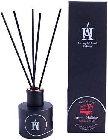 AromaHoliday Oil Reed Diffuser - Unique LONDON English Woody Home Fragrance in Black. With Love/First Class AHL Airport style gift Tag and Branded Plane/Heart Box.