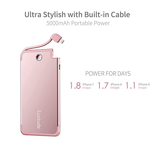 Luxtude Ultra Mince l  g  re Batterie Externe de Secours 5000mAh Lightning C  ble Int  gr   Charge Rapide en Alliage d Aluminium Power Bank iphone 5 6 7 8 6S Plus X iOS  Or Rose 