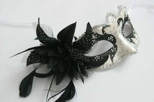 Schwarz und Silber Perlglanz Blume u. Federn Venezianische Maskerade Partei Karneval Maske