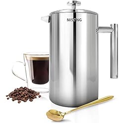 NISONG Cafetière à Piston, 1, 5L/ 1500 ML Français Presse Café Double Paroi Café & thé en Acier Inoxydable avec 2 Flitres et Cuillère