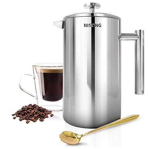 NISONG Cafetière à Piston, 1, 5L/ 1500 ML Français Presse Café Double Paroi Café & thé en Acier Inoxydable avec 2 Flitres et Cuillère