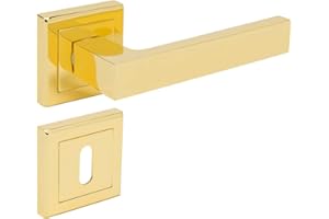 ALSTEN TECH Türbeschlag Drückergarnitur Türgriff BB PZ WC Messing Poliert Eckig Türdrücker auf Eckiger-Rosette für Zimmertüren GOLD L-Form (BB - Buntbart)