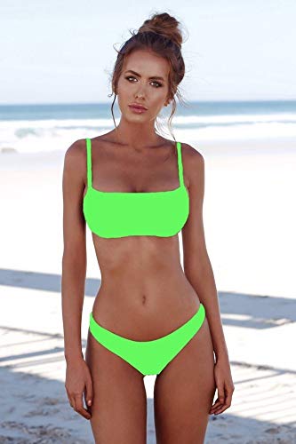 BENGKUI Bikini,Ensemble Bikini Vert Fluo Maillot De Bain Femmes Bikini Maillot De Bain Solide Dos Nu Taille Basse Maillot Brésilien Femelle