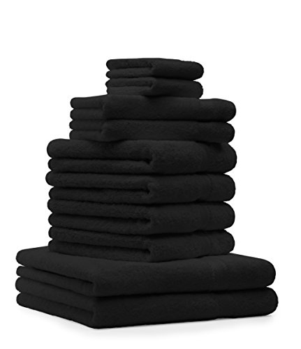 BETZ Juego DE 10 Toallas de Mano en Negro. 2 Toallas de Ducha, 4 Toallas de Manos, 2 para Invitados y 2 Manoplas de 100 % Algodón de Máxima Calidad