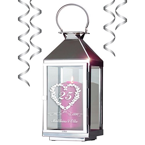 Geschenke zur Silberhochzeit - Personalisierte Laterne 25 Ehejahre mit Gravur zum Hochzeitstag 36cm - hochwertige CILIO Laternen - wir gravieren 2 NAMEN und 1 DATUM