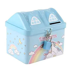 Prezzie Villa Pack of 1 House Shape Unicorn Printed Metal Coin Bank Piggy Bank for Kids with Lock and Key Coin Bank Design is Unicorn Imprint