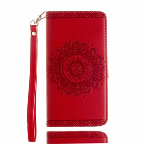 MUTOUREN für iPhone 7 4.7 Zoll Hülle Schutzhülle PU Leder Bookstyle Handyhülle Brieftasche Wallet Schale Portemonnaie Klapphülle mit Standfunktion Taschen kratzfeste Stoßfest Magnetic Snap Bumper Schale – Geprägte Muster indische Mandala Rot + Stylus Touch Pen - 3