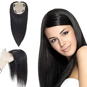 Thrift Bazaar Human Hair Toppers For Women Clip Hair Crown Hand Made Natural Black (8 inch)