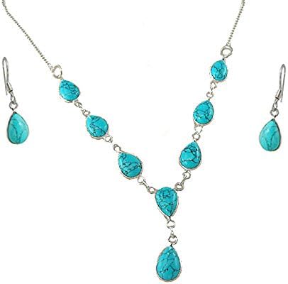 925 Sterling Silver Turquoise Tear Drop Necklace and Fishhook Earring GIFT SET- December Birthstone - Gift Boxed