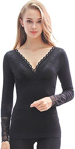 Women's V Neck Lace Top & Bottom Ultra Thin Thermal Underwear Set