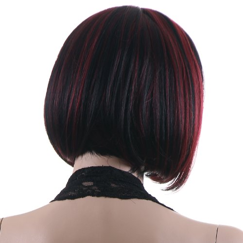 Songmics Neu Perücke Haar Wigs Weiblich Schwarz+rot Glatt Kurz WFY099 - 3