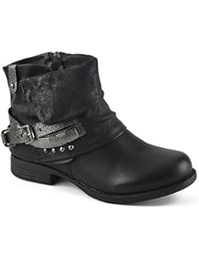 Damen Stiefeletten | Biker Boots Schnallen Nieten | Knöchelhohe Stiefel Leder-Optik |