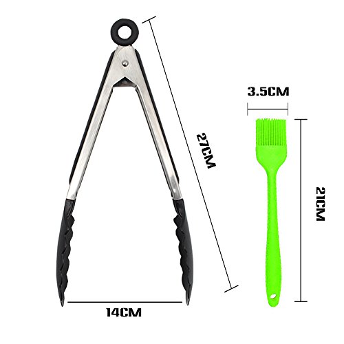 WOSON 5Pcs BBQ Grill Zubehör Set – 4x Silikon Backpinsel / Grillpinsel (21*3.5cm) + 1x Küchenzange / Grillzange aus Edelstahl mit Silikon 27cm für Kochen, Grillen, Backen und Servieren - 2