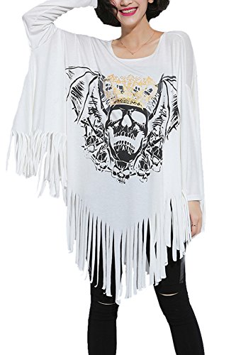 LATH.PIN Ladies Long Bat Sleeve Shirt Oversized Block Skull Poncho with Fringe FZD2969