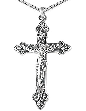 CLEVER SCHMUCK-SET Silberner Anhänger großes INRI Kreuz 42 x 22 mm mit Jesus, teils antik geschwärzt sowie Kette...