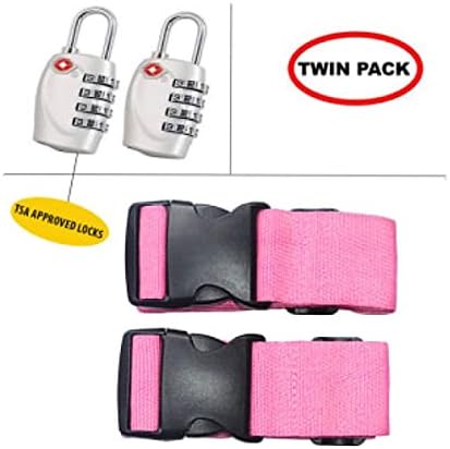 LUGGAGE BUNDLE - TSA Approved Travel Combination Locks (2) and Suitcase Straps (2) - Ideal for Baggage, International Travel - Adjustable Clips and Padlocks for Security and Safekeeping