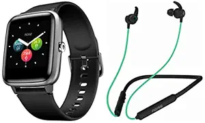 Noise Colorfit Pro 2 Full Touch Control Smart Watch (Jet Black) with Noise Tune Active Wireless Bluetooth Earphones (Mint Green)