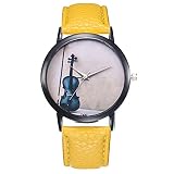 Damen Uhr,Mode PU Lederband Analog Quarz Armbanduhren mit Gitarren Muster(Gelb)