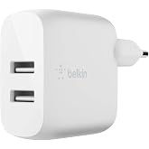 Belkin Boost Charge USB-A Şarj Cihazı, İki Bağlantılı, 24 W iPhone 15/15 Plus, 15 Pro, 15 Pro Max ve Eski Modeller, S20, S20 