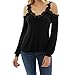 Produktbild URSING Damen Bluse Frauen Spitzenbesatz V-Ausschnitt Kalte Schulter Langarm T-Shirt Oberteile Schulterfrei Spitzenbluse Spitzenoberteil Basic Shirts Langarmshirt Blusenshirt Sweatshirt (Schwarz,M)