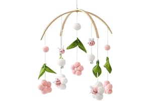 Herfair Mobile Baby Windspiele mit Filzbällen - Frische Blumen und Bienen, Kinderzimmer Hängende Bettglocke, für Babybett Wickeltisch Deko (Rosa)