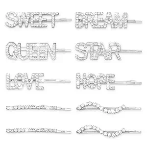 10 Pieces Letter Hair Clip, Bling Rhinestone Letter Bobby Pins, Word Barrettes Crystal Hair Pins, Metal Hair Clips, Silver Color Sparkly Hair Accessories for Women Girls