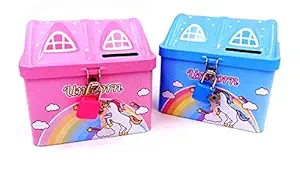 Crazycute Unicorn Metal House Design ( Pack of 2 Piggy Bank) Unicorn Piggy Bank Unicorn Piggy Bank for Girls with Lock Unicorn Piggy Bank for Girls Stylish Money Bank Coin Bank