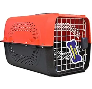 Tikora International Flight Cage Carrier for Pet | Dog Cat Rabbit Basket Plastic Handle Hinged Door Folding Collapsible Transport Box Crate Cage Size 19.5 x 13 x 12.5 Inch (Color Red)