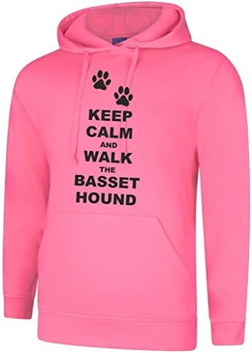 Keep Calm And Walk The Basset Hound Dog In Candyfloss Pink Hoody &amp; Black Text