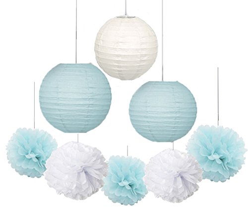 Furuix 18 PC Laterne Dekorationen Junge Baby Dusche Dekorationen Weiß und Baby Blau Gemischte Gewebe Pom Pom Blume und Papier Laterne Party Gefälligkeiten Hochzeit Geburtstag Dekor Papier Dekorationen - 7