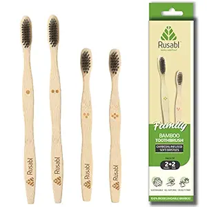 Rusabl Organic Bamboo Toothbrush for Adults & Kids | Charcoal Activated Soft Bristles | Biodegradable & Anti-Bacterial | Eco-friendly & Natural (Family Pack, 2 Adults & 2 Kids)