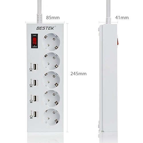 BESTEK 5 Fach schaltbare Steckdosenleiste mit 4 USB (5V/8A, Smart IC), feuerfeste Mehrfachsteckdosen mit USB Ladefunktion für Smartphones Tablets, 4000W / 250V, Weiß - 2